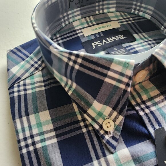 Small Casual Blue Plaid Shirt Jos A Bank S New Mens Size Sleeve Button Front Nwt - Picture 10 of 17
